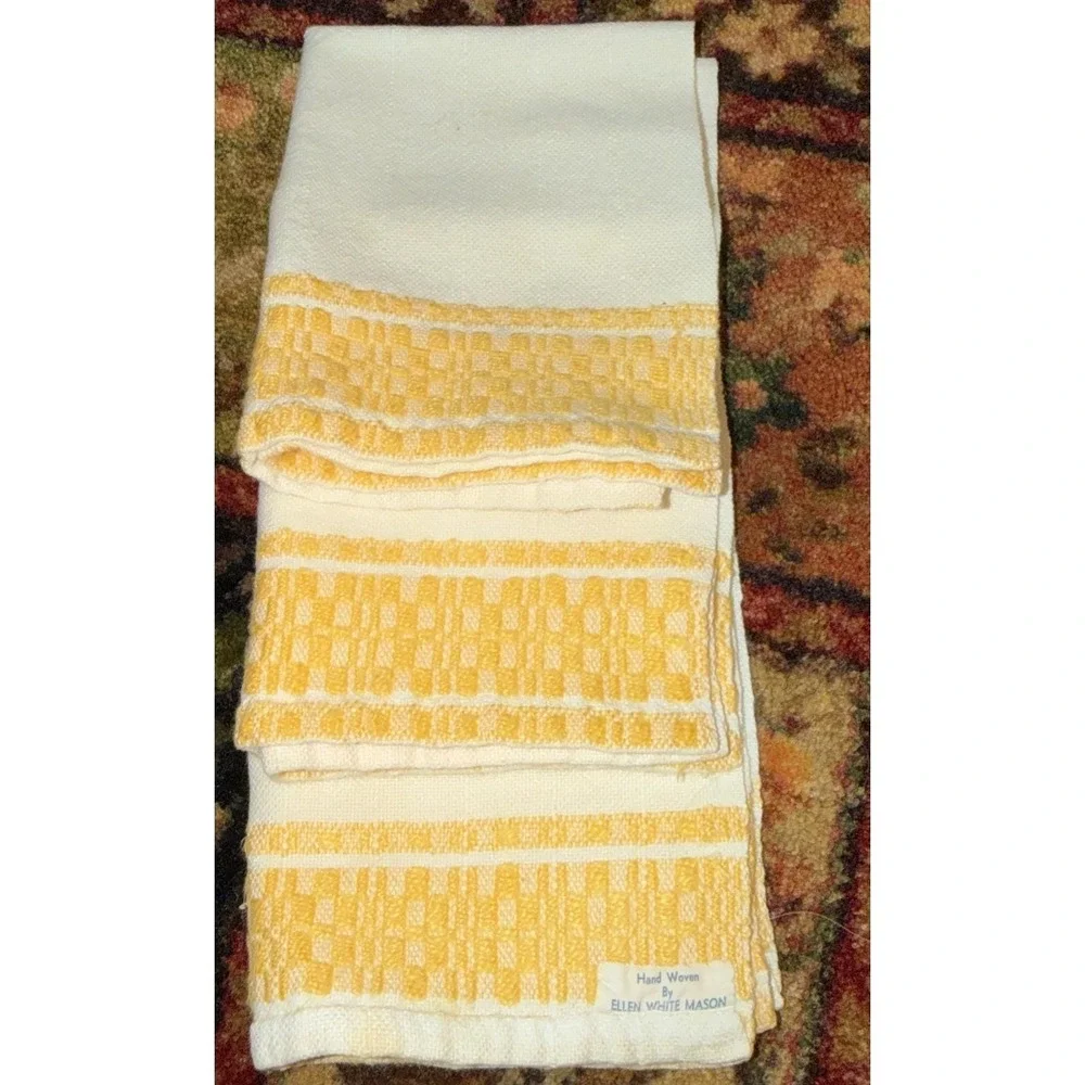 Antique PURE LINEN Lot Of 3 TeaTowels Hand Woven Yellow Trim Ellen White Mason